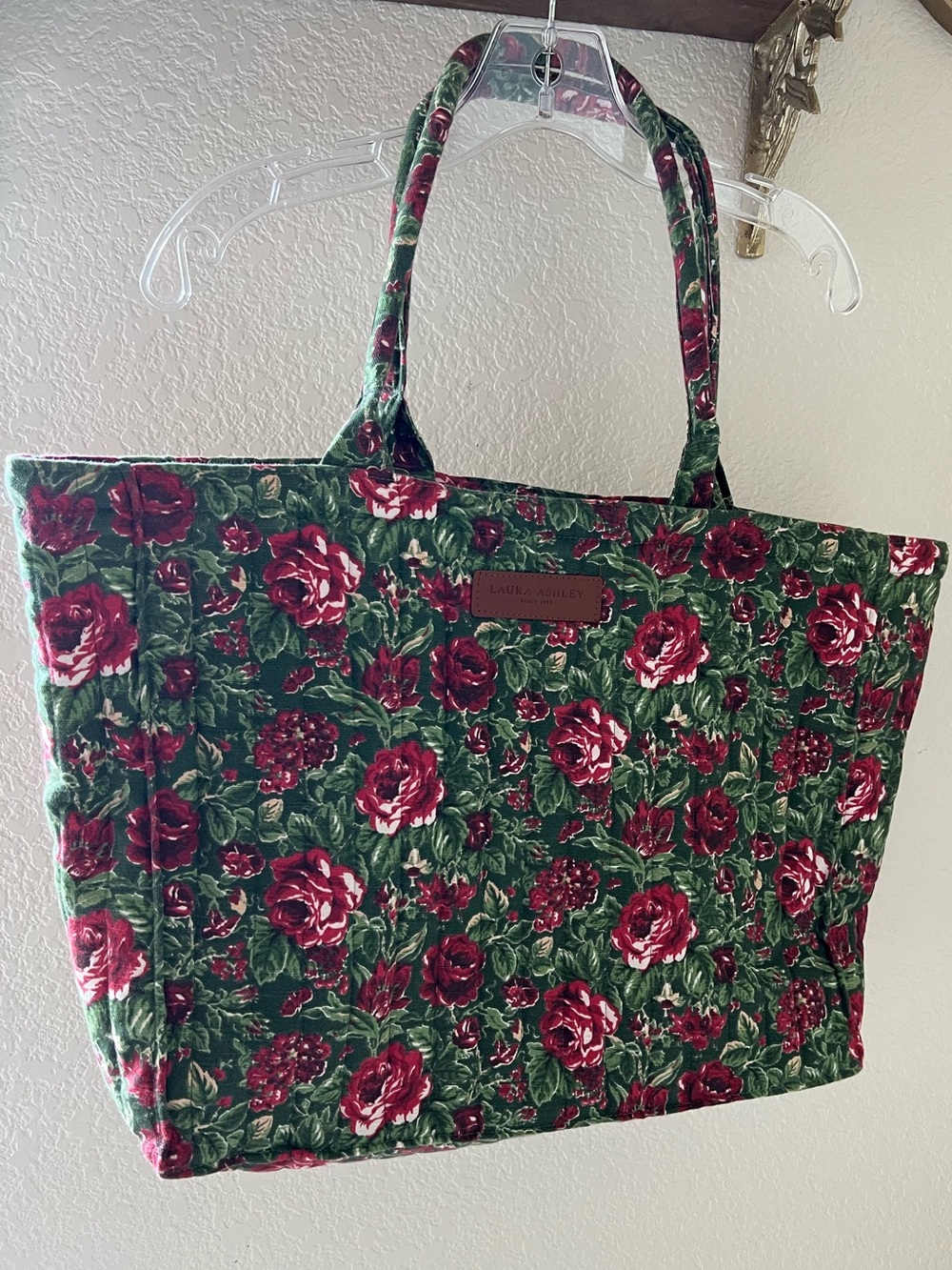 Laura Ashley Green Floral Tote Bag with Red Rose Print Cottagecore